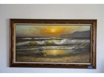 VINTAGE 1960'S OIL ON CANVAS PAINTING OF A BEACH SCENERY SIGNED, 55X31 INCHES