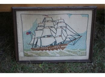 VINTAGE NEEDLEPOINT OF A SAILING SHIP 17X13 INCHES `