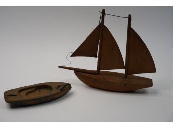 LOT OF 2 HAND-CARVED BOAT TOYS