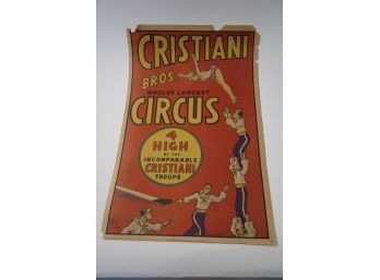 ORIGINAL VINTAGE CRISTIANI BROS. WORLD'S LARGEST CIRCUS PAPER POSTER