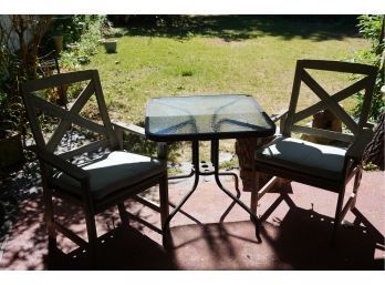 OUTDOOR SMALL GLASS TOP TABLE WITH 2 WOOD CHAIRS