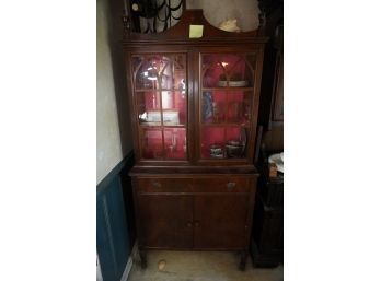 ANTIQUE  WOOD CHINA CABINET WITH TOP GLASS DOORS & PULL OUT DRAW