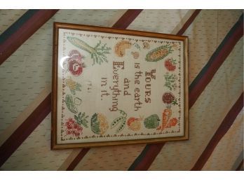 VINTAGE FRAMED NEEDLEPOINT TITLE 'YOURS IS THE EARTH AND EVERYTHING IN IT 1961'