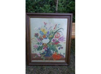 VINTAGE NEEDLEPOINT OF A FLOWER BOUQUET 19.5X23.5 INCHES