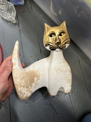 Vintage Pauline Pelletier Ceramic Cat Sculpture Gold Face Signed MCM