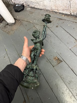 Vintage Bronze Cherub Candle Holder Statue #2