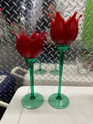 Set Of 2 Tulips Glass Czech Republic Candle Sticks