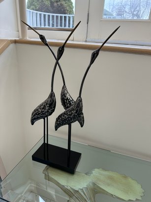 Vintage Beautiful 3 Dancing Egrets Tall Metal Sculpture Missing One Bird