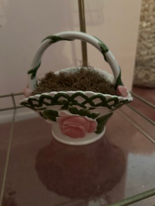 Vintage Ceramic Basket Pink Roses White China