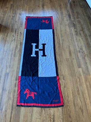 Hermes Logo White Navy Blue Red Heritage Stripe Cotton Scarf Authenticity UNKNOWN