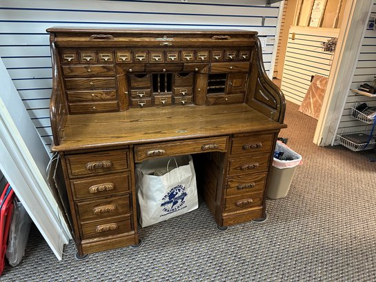 Antique Derby School Paneled Oak Roll Top Desk With Full Interior, C1900