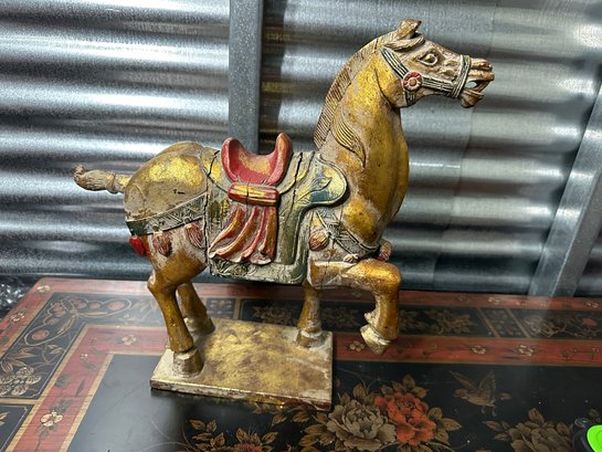 Antique Chinese 19th Century Polychrome Wooden Wood Tang Horse Sculpture Statue