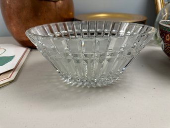 Vintage European Lead Cut Crystal Panel Cross Hatch Oval Bowl