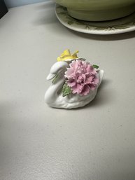 Vintage Floral White Bone China Swan Figurine