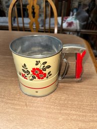 Vintage Flour Sifter, Floral Pattern Red Wooden Handle