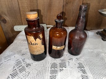 Vintage Brown Glass Prescription Amber Bottles (Set Of 3)