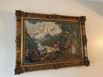 Antique Beautiful Gilt Framed Needlepoint Tapestry Embroidered