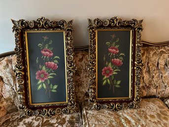 Pair Of Rose Embroidered Artwork Framed