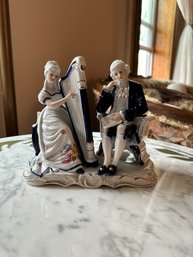 Victorian Porcelain Couple Playing Harp Figurine Lace Dress