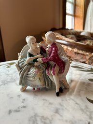 Vintage Porcelain Figurines Sitting In Chair Hand Painted