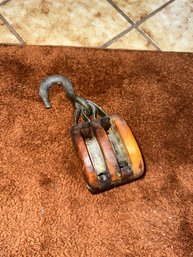 Vintage Pulley Hook Wood Cast Iron Double Wheel