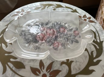 Very Pretty Crystal Rosella Canape Tray Floral Painted Oval Serving Platter