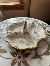 Vintage German Porcelain Dish Plate 3 Section Divided White/Gold