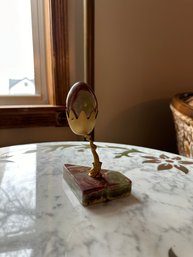 Pretty Marble Egg On Gold-Colored Stand With Marble Base