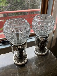 Pair Of Vintage Regency Lamp Crystal Shade Drop Crystals Marble Base