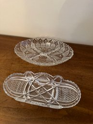 Vintage Crystal Glass Divided And Sawtooth Edged Oblong Dishes