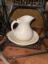 Antique White Ironstone Pitcher & Wheeling Pottery Bowl