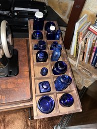 Vintage Cobalt Blue Medicine Glass Bottles With Wooden Holder