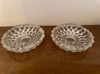 Beautiful Pair Of Round Crystal Clear Diamond Cut Glass Ashtray