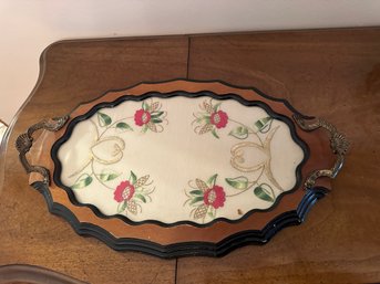 Gorgeous Oval Serving Tray Wood Embroidered Floral Brass Trim & Handles