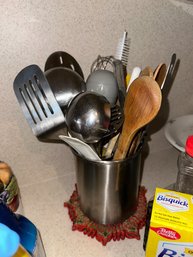 Stainless Steel Utensil Storage Container With Utensils