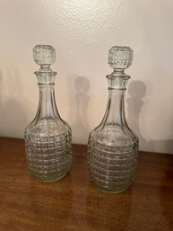 Vintage Pair Of Glass Decanter Smoke Cut Glass Tile Pattern