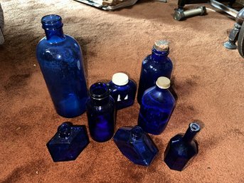 Vintage Blue Medicine Bottles With Wooden Rack