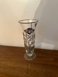 Antique Silver Leaf Overlay Clear Glass Vase With Grape 25th Anniversary