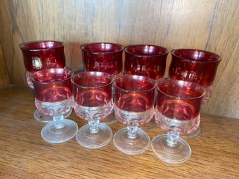 Tiffin Kings Crown Thumbprint Cranberry & Crystal Cordials Sherry Glass Set