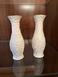 Vintage Set Of 2 Ceramic Beige Flowered Vase