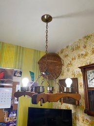 Antique Wooden Art Deco Chandelier With Light Bulb