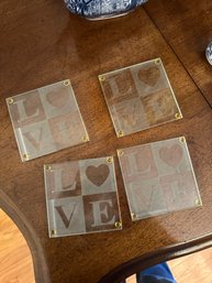 Set Of 4 Glass Love Tile Coasters Heart Etched Tempered Square LOVE