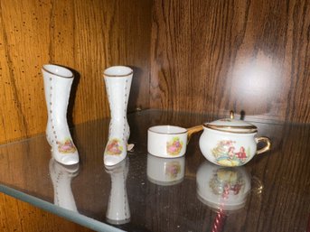 Vintage Limoges France Porcelain Shoes, Cup And Teapot