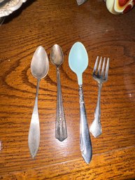 Antique Spoons And Fork. One Spoon Is From 1800's And Appears To Be Possibly Be Silver