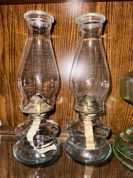 Pair Of Antique Oil Lamp With Finger Loop And Chimney