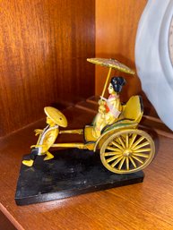 Vintage Mini Celluloid Rickshaw With Geisha Girl , Parasol, And Running Man Japan