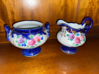 Vintage Nippon Style Sugar Dish And Creamer Cobalt Blue And Pink