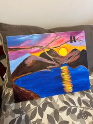 Beautiful Sunset Lake Original Painting On Canvas