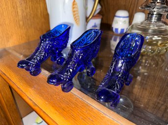 Sets Of 3 Glass Cobalt Blue Roller Skate Shoe Deco