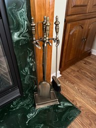 Vintage Elegant Ornate Shiny Brass Fireplace Tool Set - 4 Piece  Stand